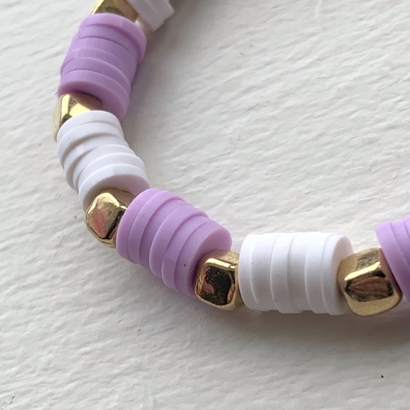 Handmade clay bead purple/white square gold beads stretchy - Picture 5 of 5